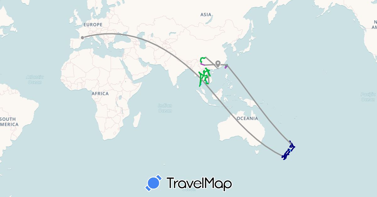 TravelMap itinerary: driving, bus, plane, cycling, train, boat in China, France, Hong Kong, Cambodia, Laos, New Zealand, Thailand, Taiwan, Vietnam (Asia, Europe, Oceania)